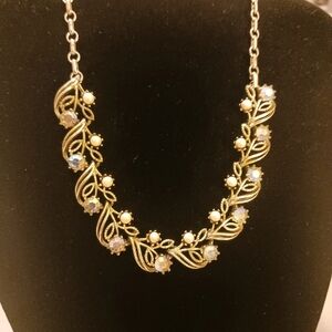 Vintage Signed Coro Rhinestone and Faux Pearl, Silver Tone Choker Necklace.